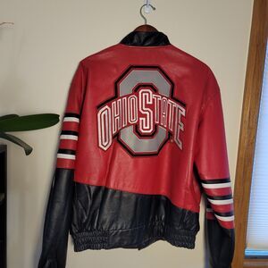 Vintage Ohio State Buckeyes Leather Bomber Jacket Coat Big Logo Patchwork Sz L